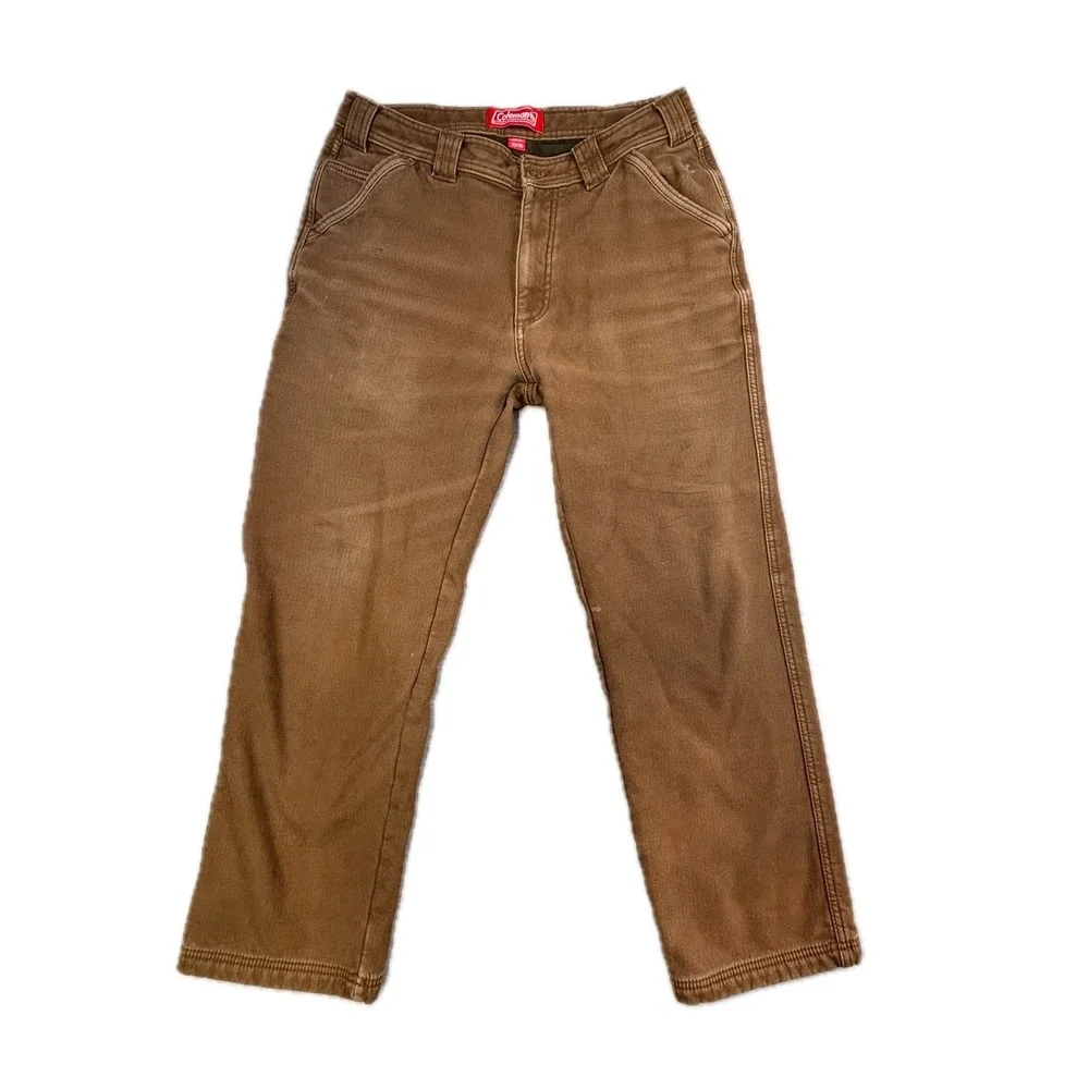 Coleman Mens Fleece Lined Canvas Carpenter Work Pants Brown 32x30 Straight Leg